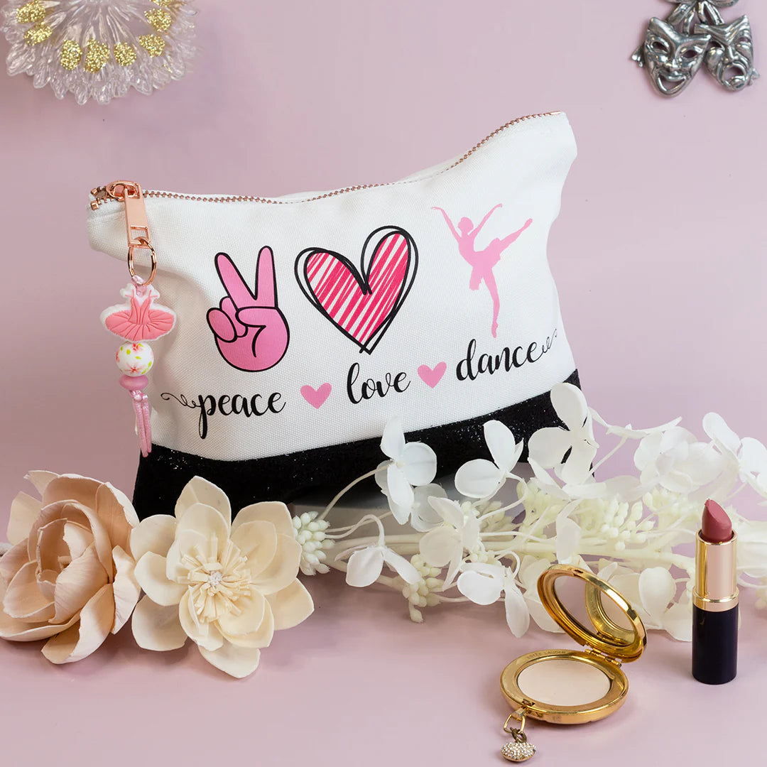Peace, Love, Dance Make Up Pouch - Black Glitter