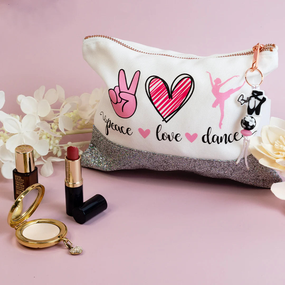 Peace, Love, Dance Make Up Pouch - Silver Glitter